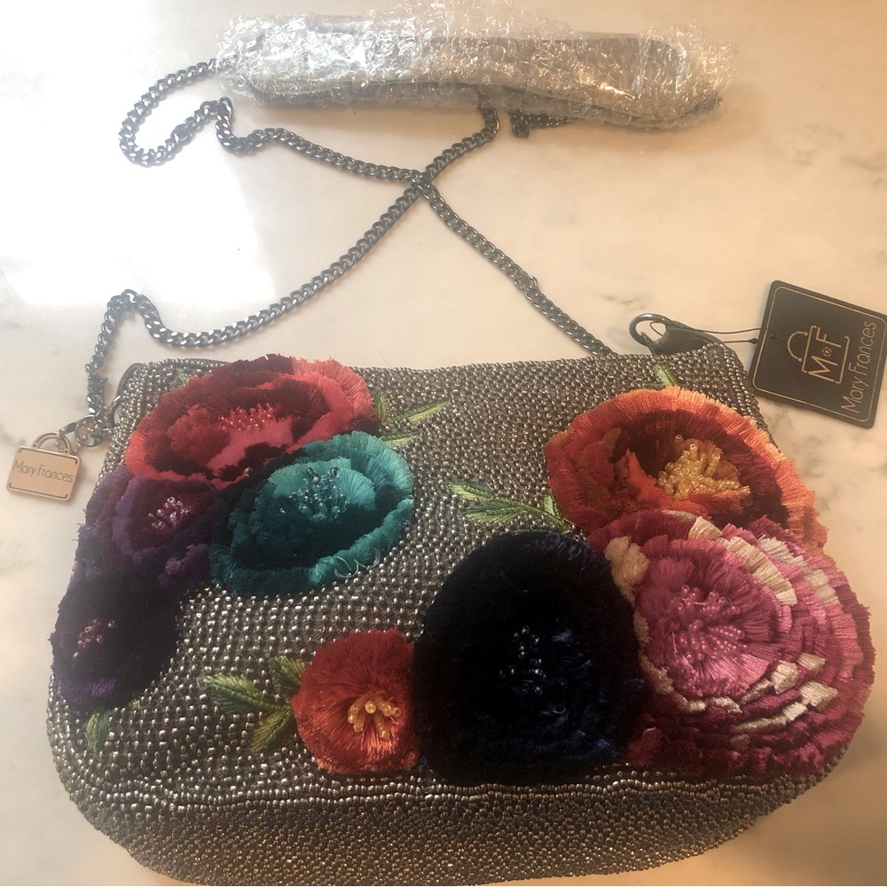 Mary Frances Crossbody bag.  Metallic with embroidered flowers